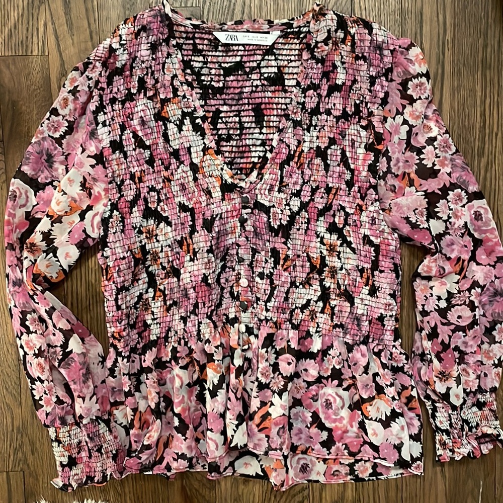 Zara pink floral print blouse